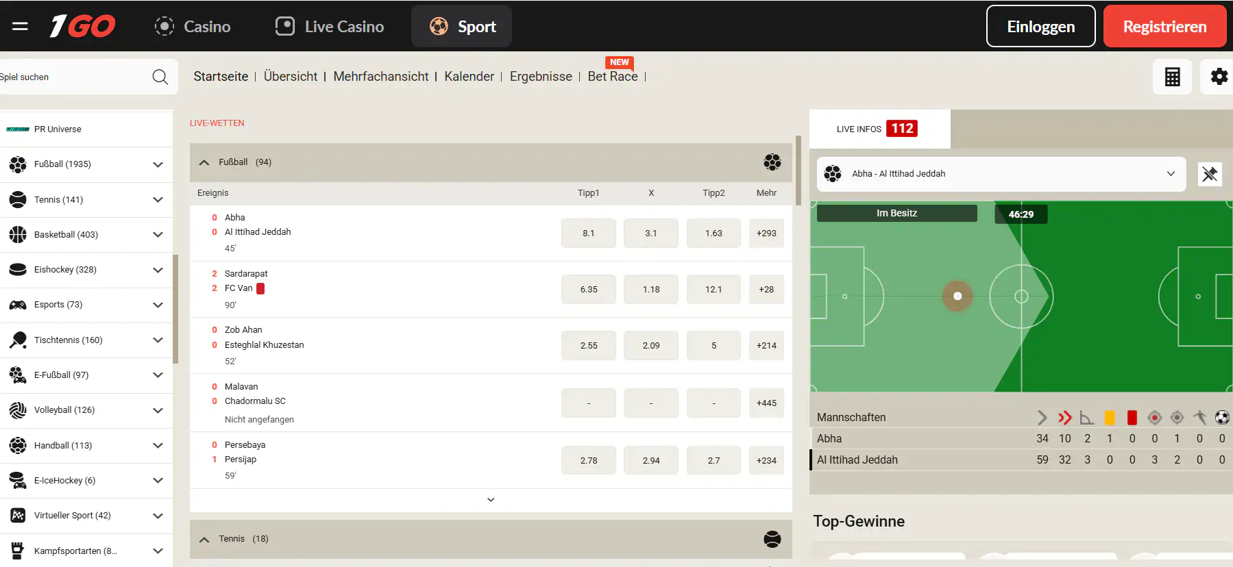 Sportmenü mit Kategorien und Quoten der Sportwetten von 1GO
