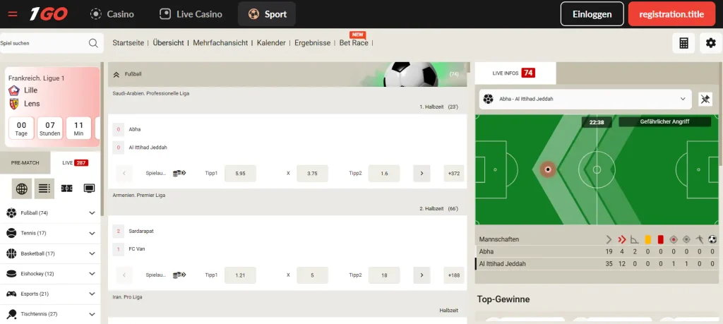 Live-Wetten bei 1GO mit laufenden Sportereignissen und veränderlichen Wettquoten
