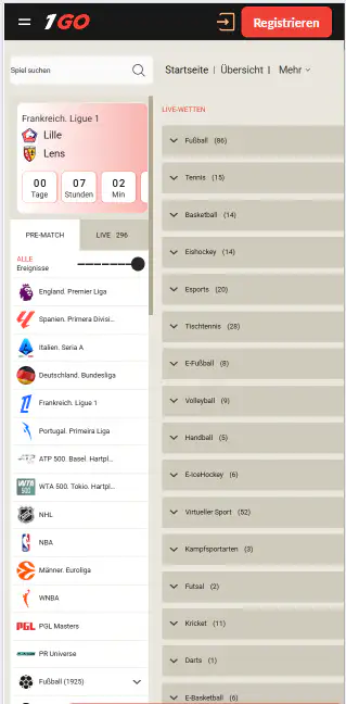 Mobile Sportwettenansicht mit Sportartenmenü und Live-Navigation