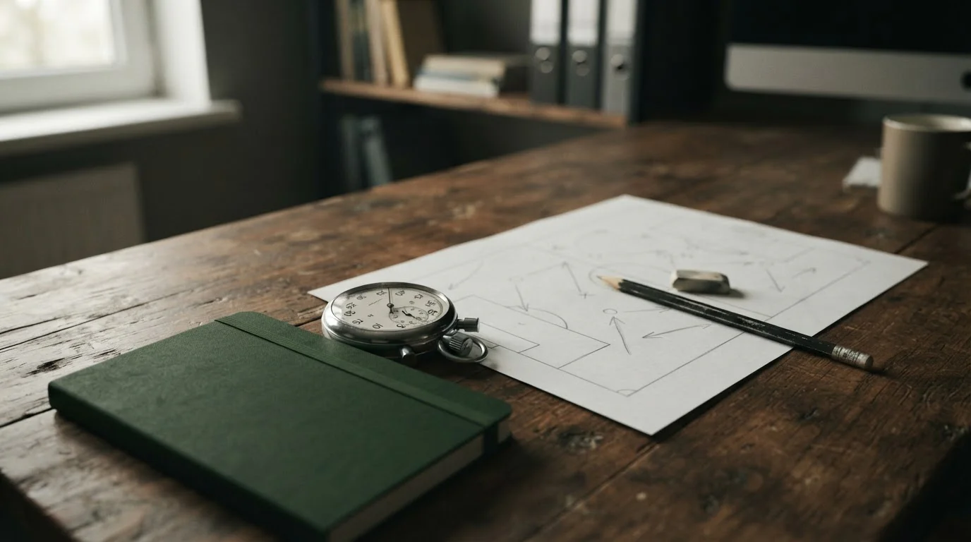 Analoge Stoppuhr, Spielfeldskizze und Stift auf einem Tisch
